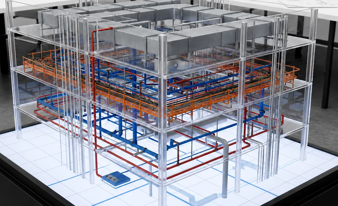 Coordination model with mechanical ductwork, electrical containment and hydraulic services separated by level